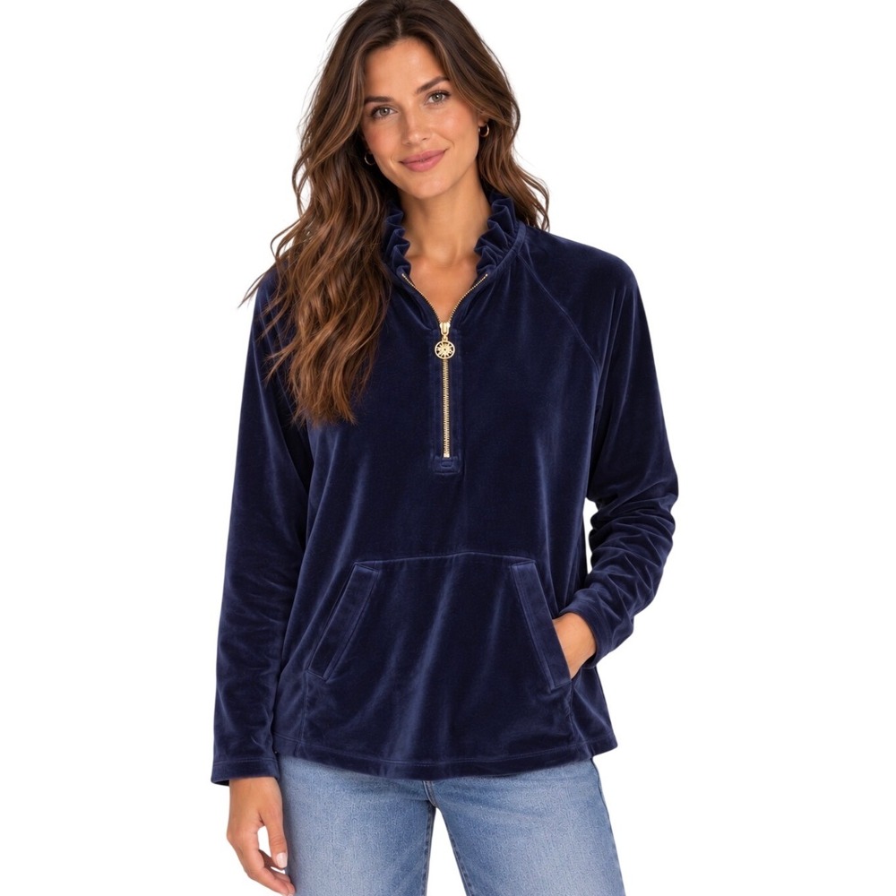 Lilly Pulitzer Navy Blue Velour Ruffle Neck Quarter Zip Pullover Top Small